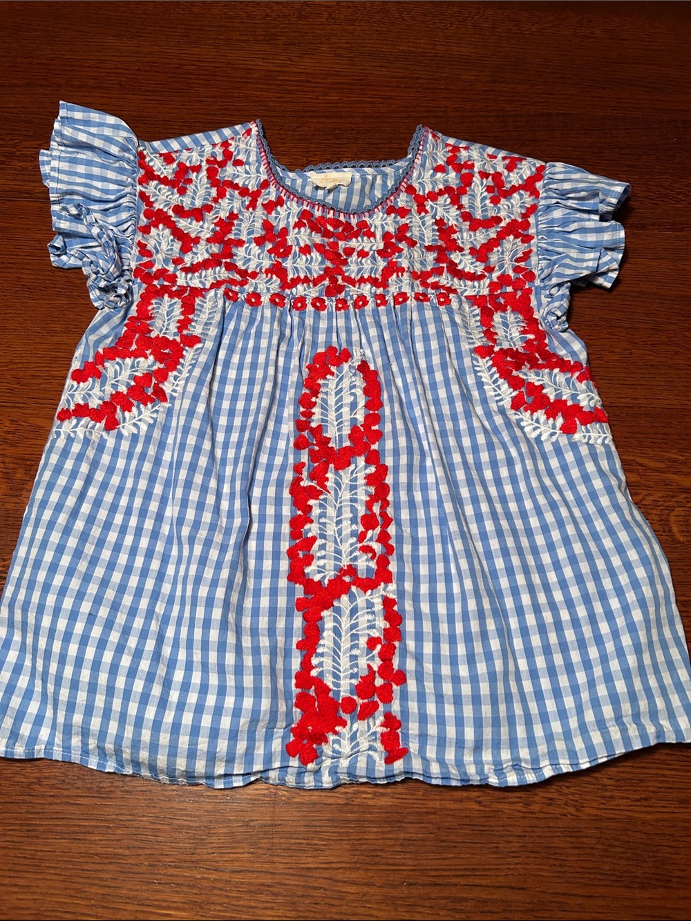 Blue Gingham Embroidered Flutter-Sleeve Top with Red Accents